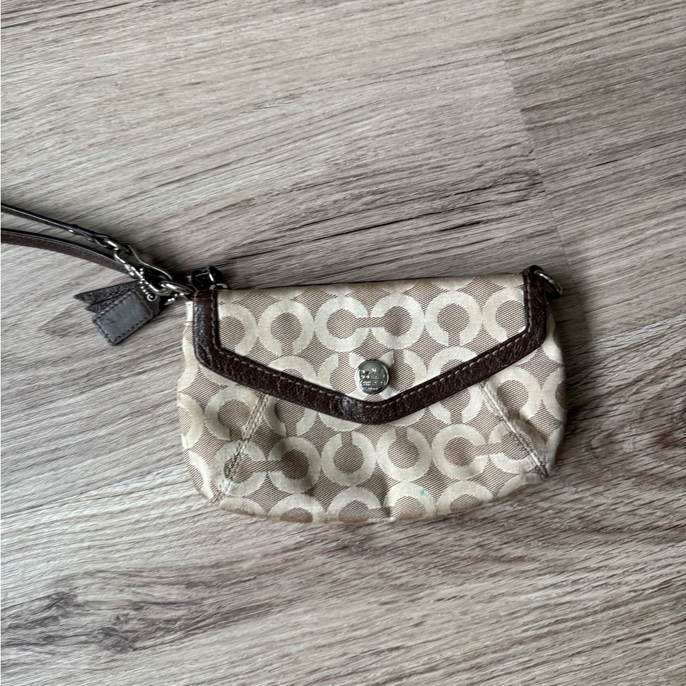Coach Signature Beige and Brown Wristlet